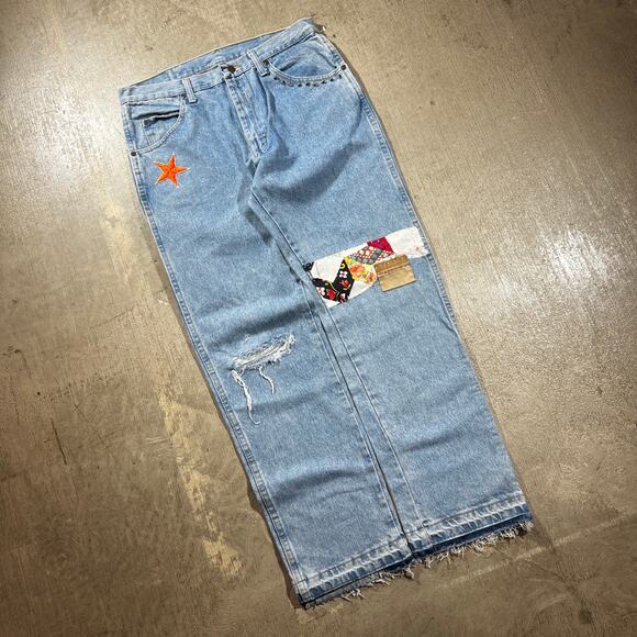 Y2K Wrangler Patchwork Denim Jeans 34x29 Custom Quilt Light Wash Raw Hem - Picture 1 of 7